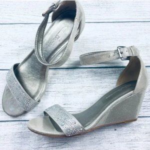 CL by Laundry iridescent rhinestone short wedge ankle strap heels